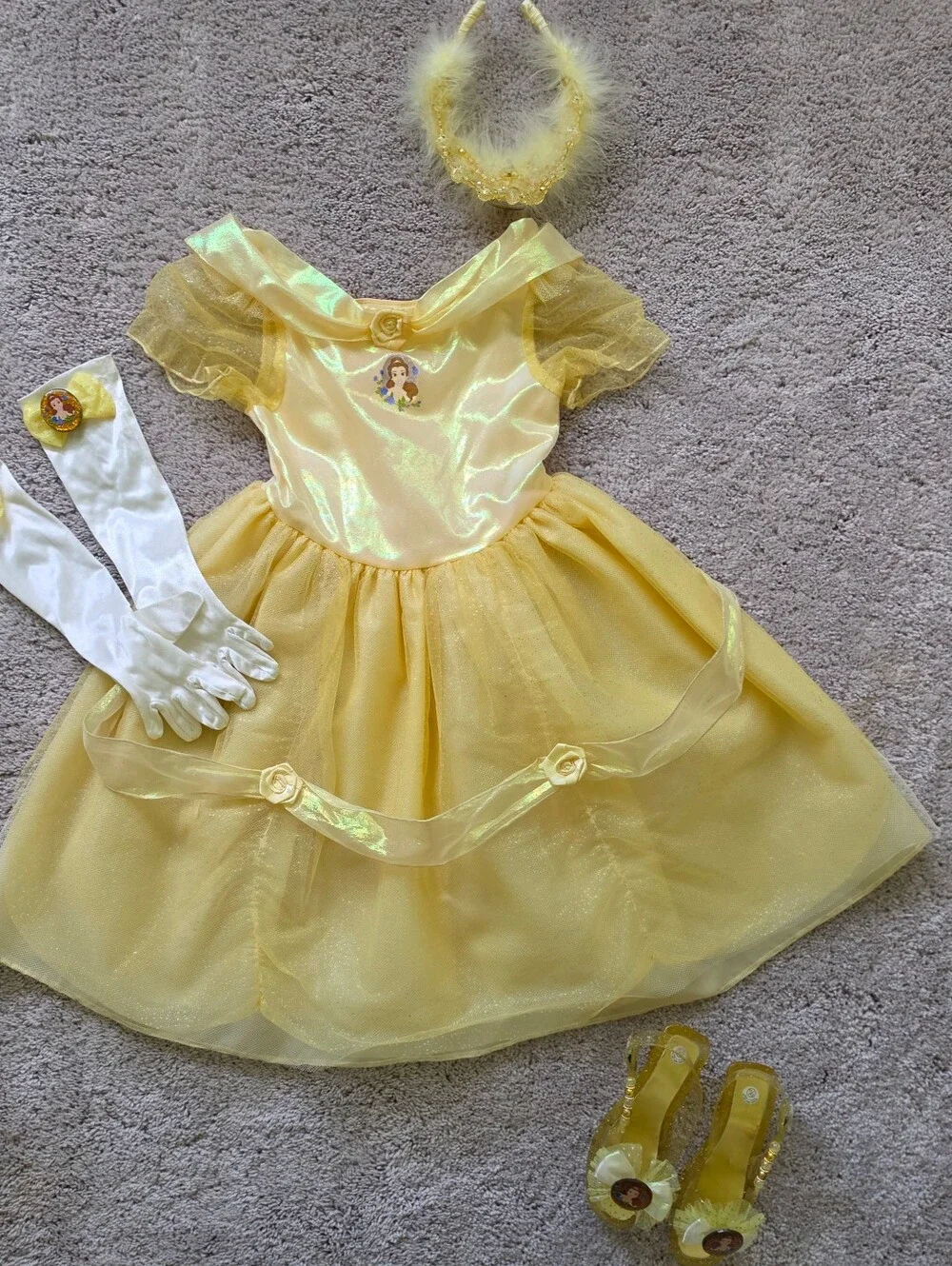 Vintage 2004 Disney Belle Princess Ball Costume Dress Shoes Tiara Gloves Sz. 4/5
